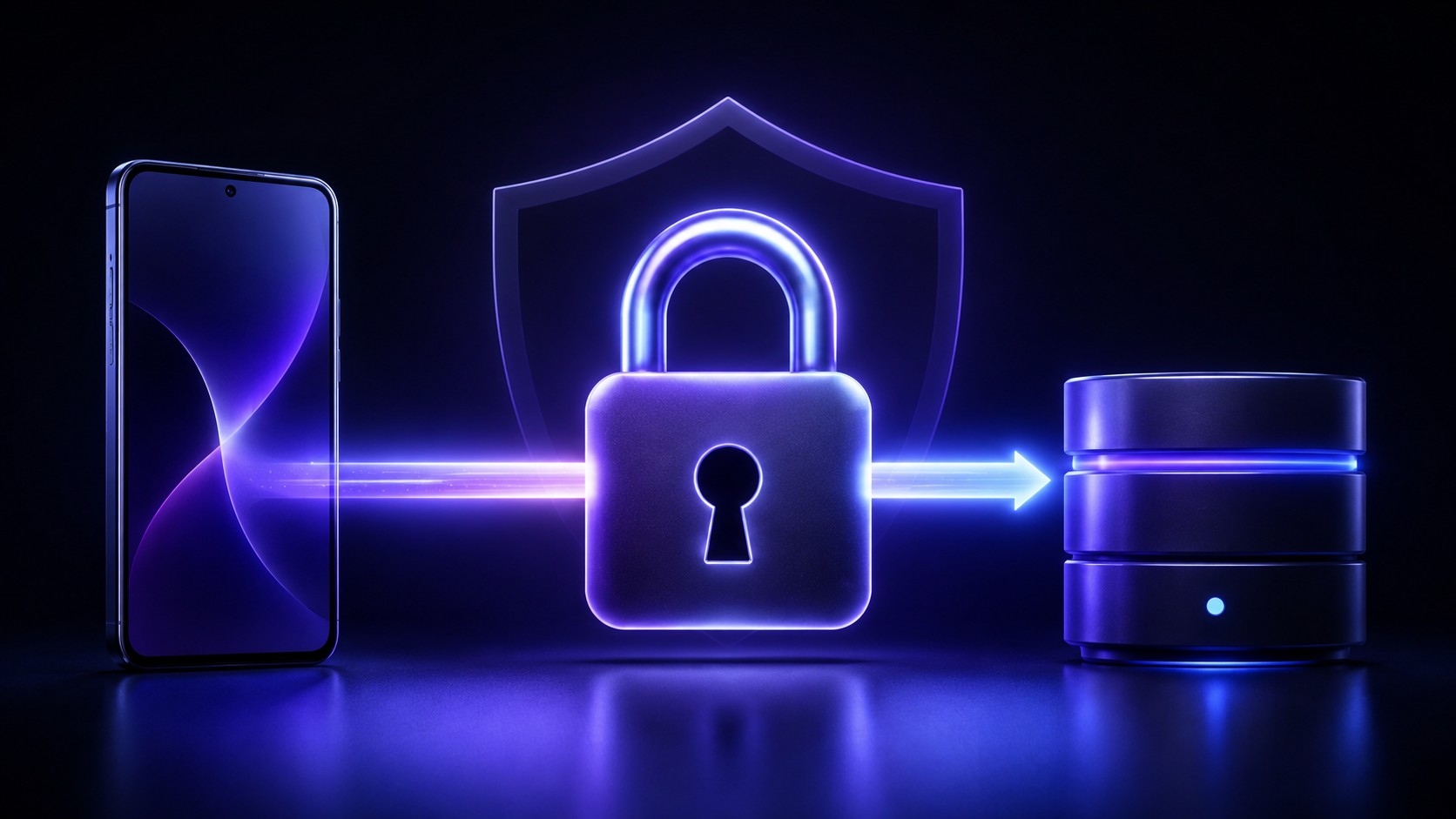 A tech diagram titled 'On-Device AES-256 Encryption' showing client-side data generation secured with an indigo padlock and stored encrypted in a local database.
