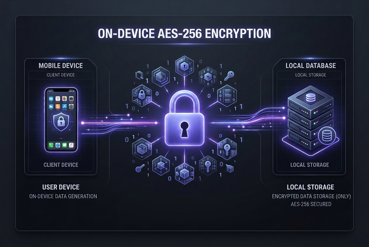 A tech diagram titled 'On-Device AES-256 Encryption' showing client-side data generation secured with an indigo padlock and stored encrypted in a local database.