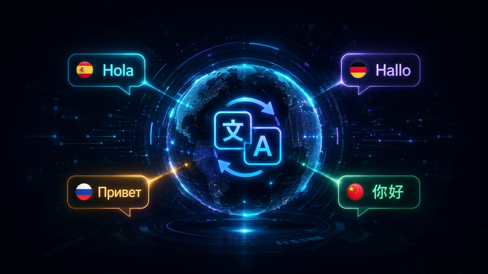 LMSA multilingual global AI support showing Spanish, German, Russian, and Chinese flags and greetings around a holographic globe