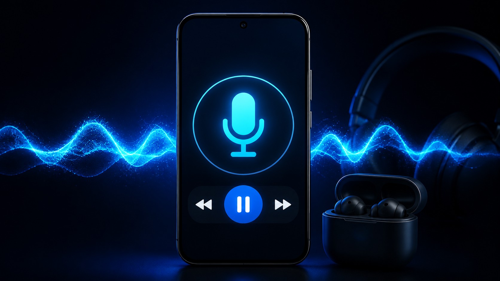 LMSA Voice Mode media controls shown on a phone lock screen, smartwatch, headphones, earbuds, and smart speaker