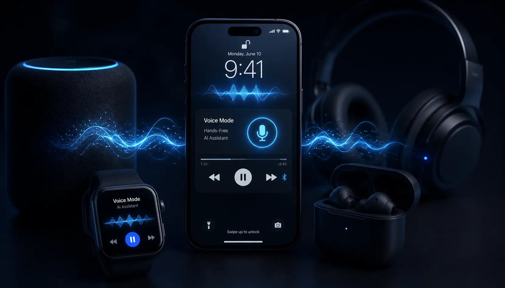 LMSA Voice Mode media controls shown on a phone lock screen, smartwatch, headphones, earbuds, and smart speaker